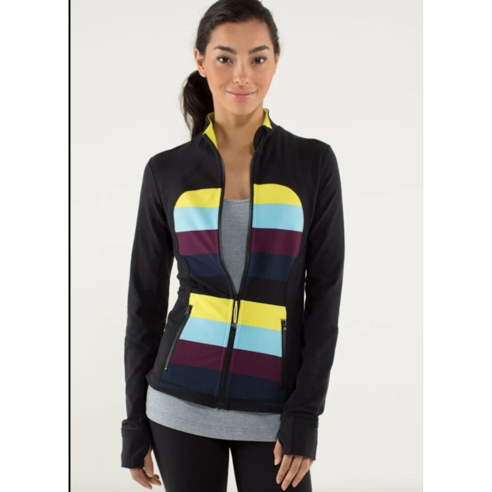 LULULEMON Forme Jacket Zip Cuffins Black Pow Stripe Luon Sz 10 Large Athleisure